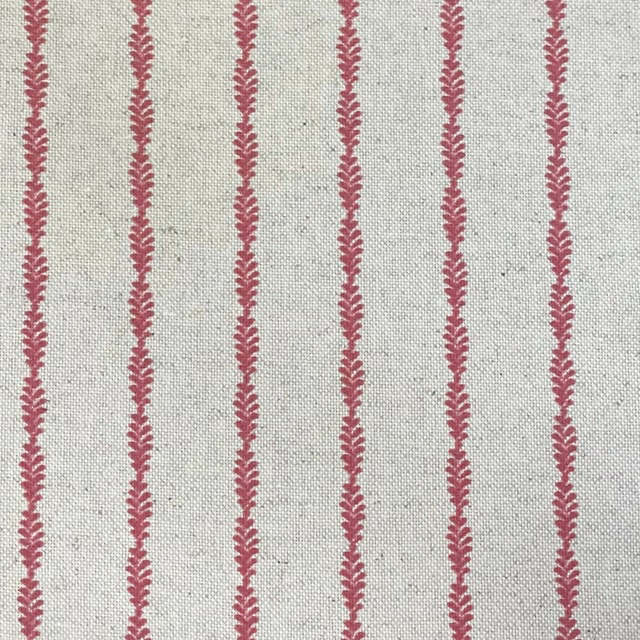 Raspberry pink sprig stripes woven across a pale grey-beige textile ground