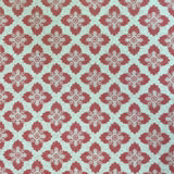Mint-aqua woven fabric with repeating melon-red floral medallions and cream scrollwork