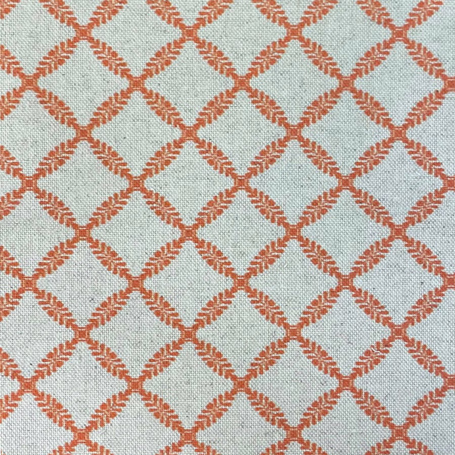 Pale aqua woven fabric with rust-red textured diamond lattice and fine ground texture