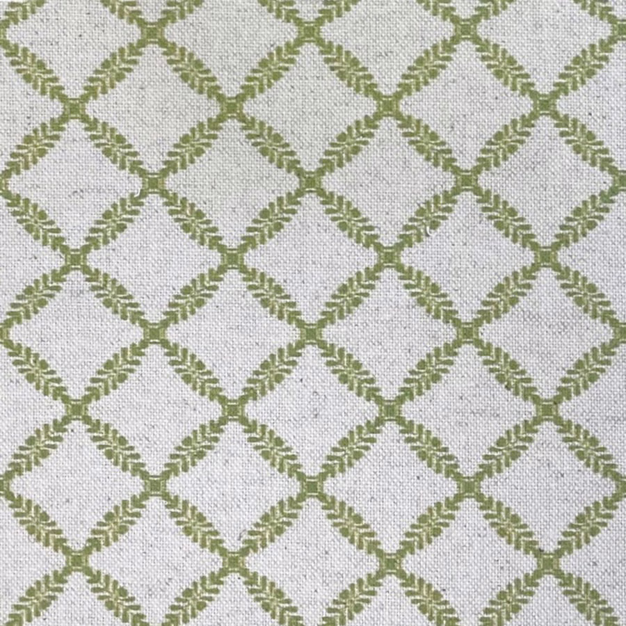 Pale olive diamond trellis with leafy edges on a softly flecked neutral weave