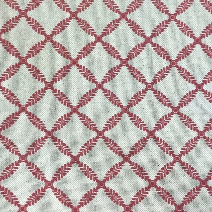 Pale sage-mint woven ground with muted raspberry diamond lattice motif