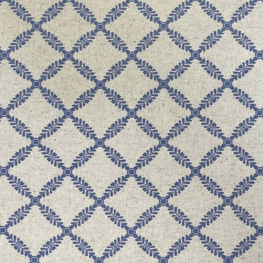 Oatmeal woven fabric with an ink-blue diamond lattice and softly textured surface