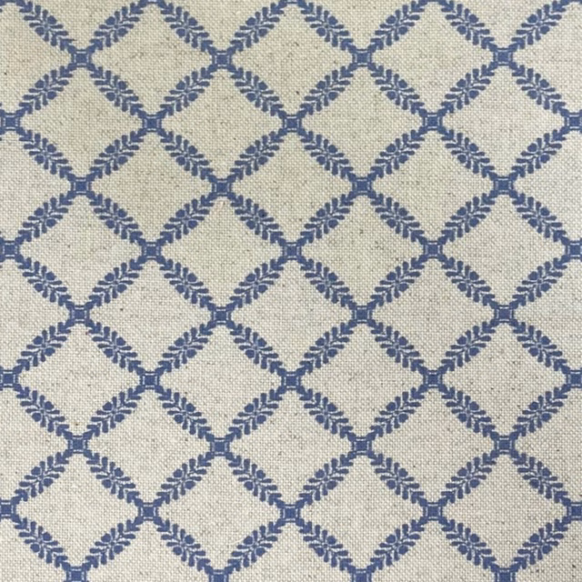 Oatmeal woven fabric with an ink-blue diamond lattice and softly textured surface