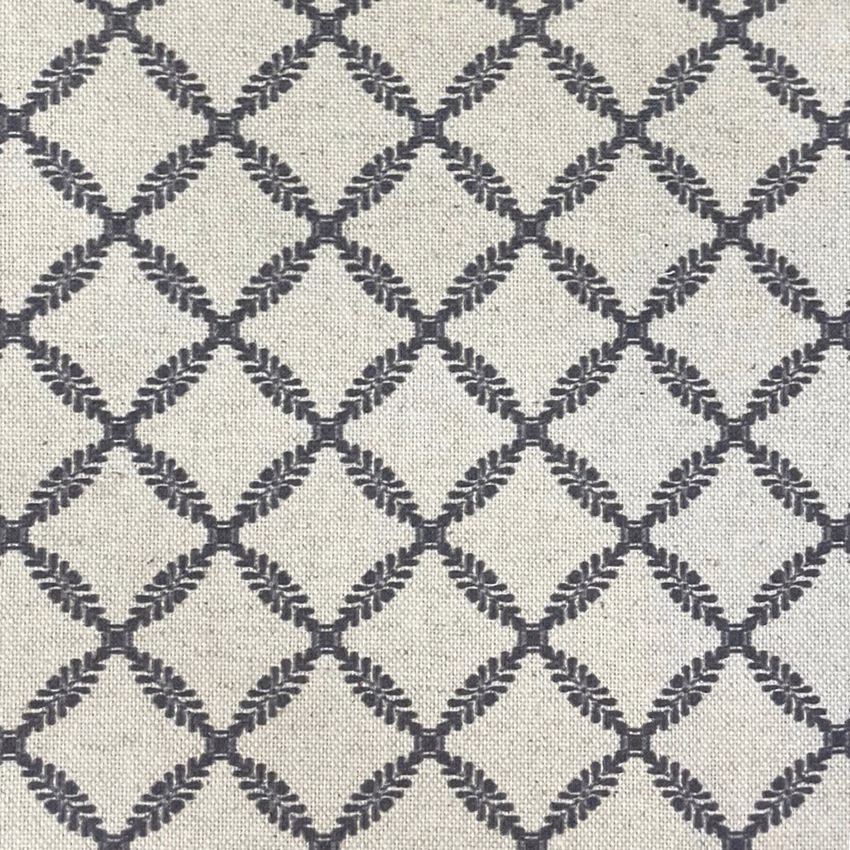Pale greige woven ground with charcoal leaf-edged diamond trellis pattern