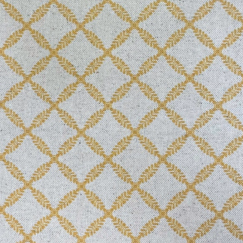Pale blue-grey woven ground with hand-drawn gold diamond trellis