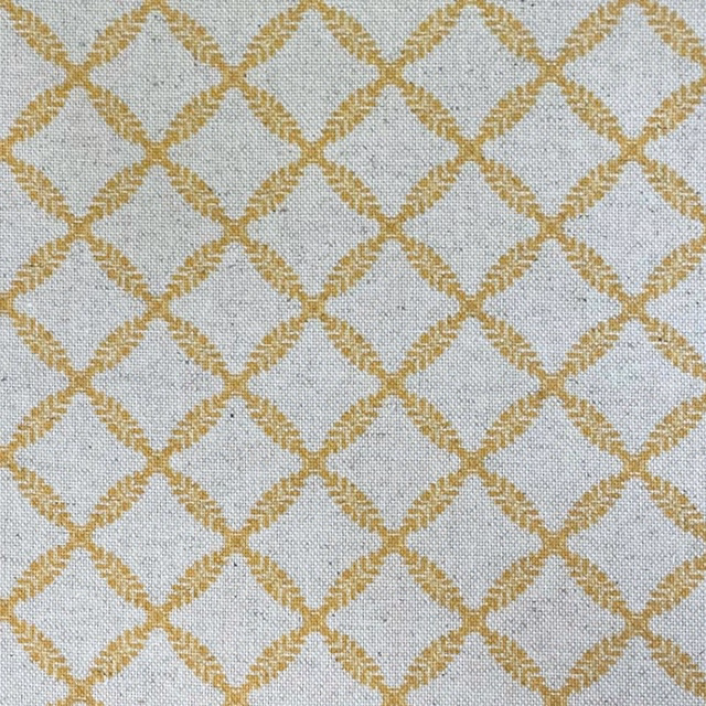Pale blue-grey woven ground with hand-drawn gold diamond trellis
