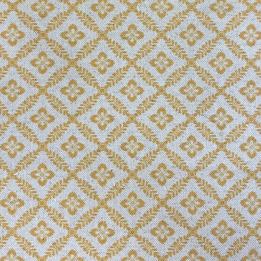 Muted spring-gold diamond lattice with quatrefoils on a pale blue-grey textured weave