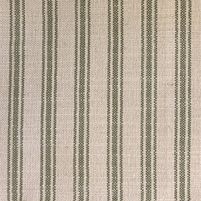 Muted sage and oatmeal ticking stripes in a close woven texture