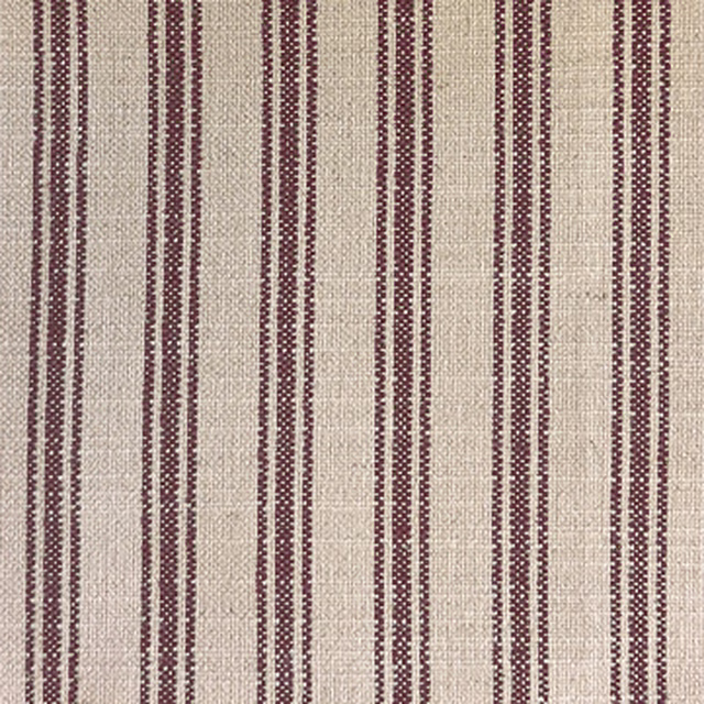 Fine vertical claret ticking stripes on a warm oatmeal woven fabric ground