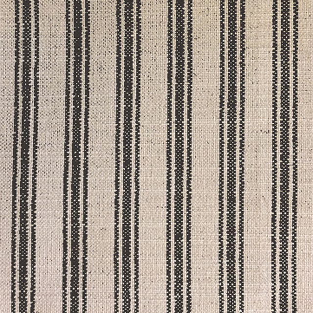 Warm oat woven ground with crisp jet-black ticking stripes and visible slub texture