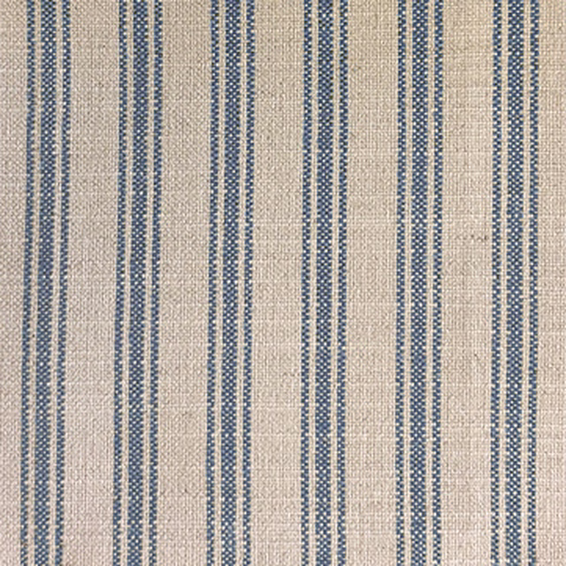 Oatmeal woven fabric with narrow navy vertical ticking stripes