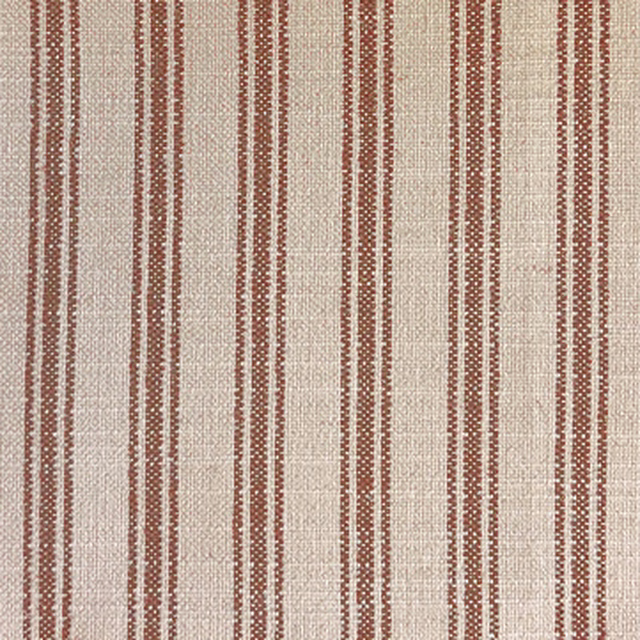 Oatmeal woven fabric with narrow warm terracotta ticking stripes