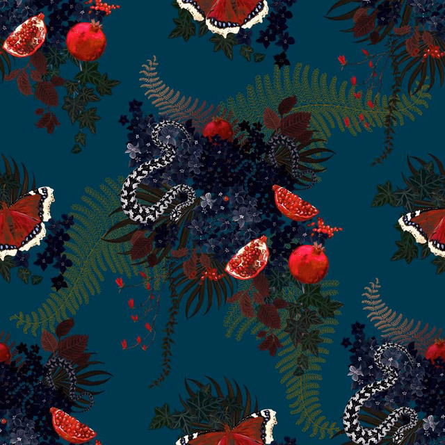 Deep azure ground with snakes, pomegranates, berries and fern-like foliage