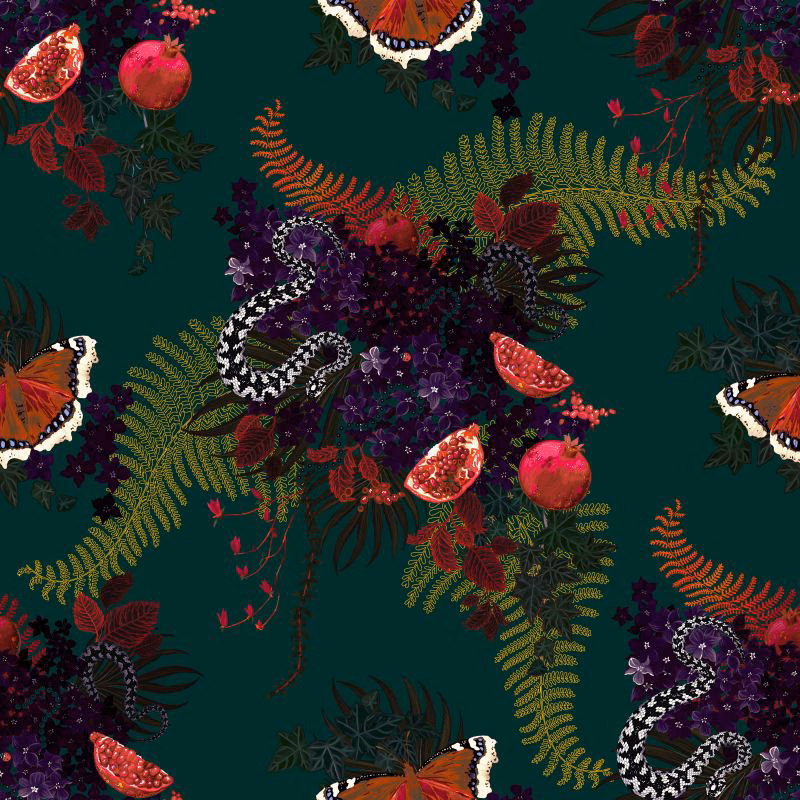 Deep teal ground with pomegranates, fern sprays, purple flowers and curling black-and-white snakes
