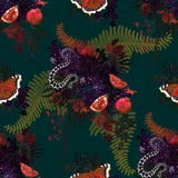 Deep teal ground with pomegranates, fern sprays, purple flowers and curling black-and-white snakes