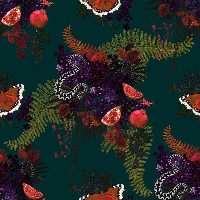 Deep teal ground with pomegranates, fern sprays, purple flowers and curling black-and-white snakes