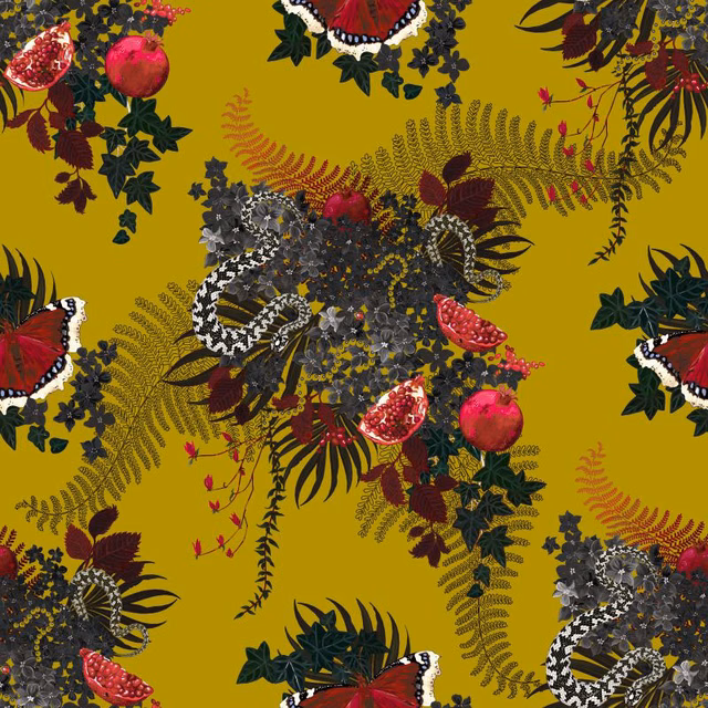 Mustard ochre fabric with dark botanical clusters, red fruits and ornate central motifs