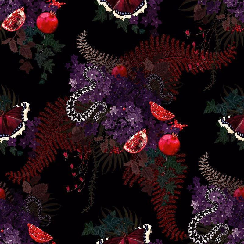 Black-ground textile with purple flowers, red pomegranates, fern fronds and curling snakes