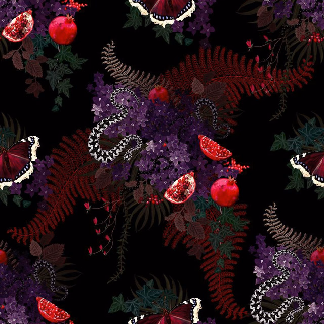 Black-ground textile with purple flowers, red pomegranates, fern fronds and curling snakes