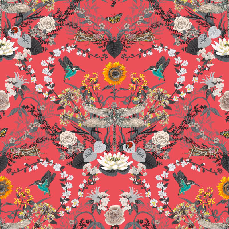 Coral-pink botanical fabric with white roses, hummingbirds, sunflowers and dragonflies