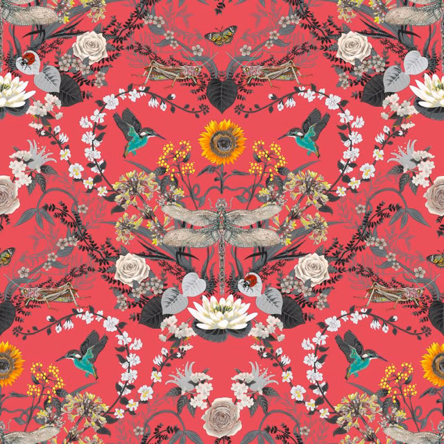 Coral-pink botanical fabric with white roses, hummingbirds, sunflowers and dragonflies