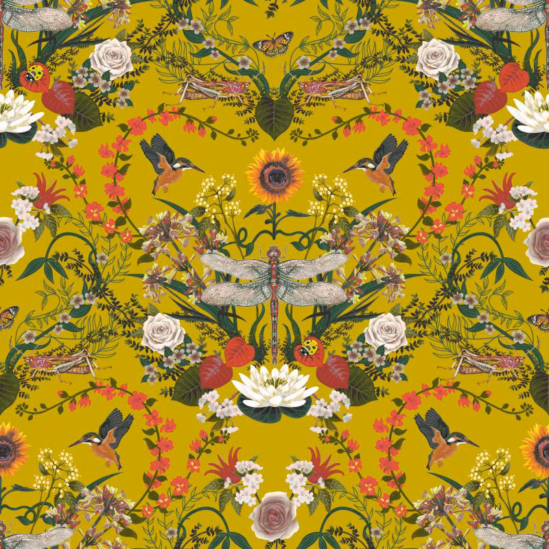 Citrus yellow ground with dragonflies, roses, birds and botanical sprays