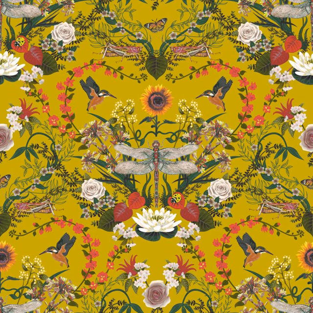 Citrus yellow ground with dragonflies, roses, birds and botanical sprays