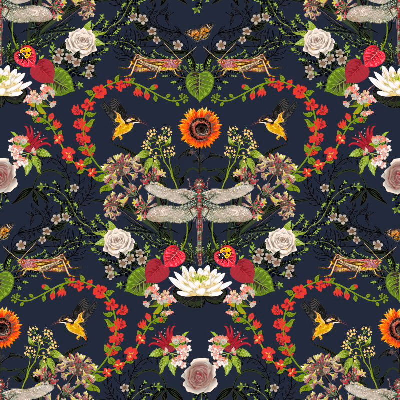 Deep indigo fabric with mirrored dragonflies, roses, hummingbirds and vivid botanical sprays