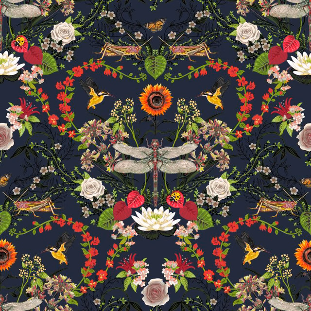 Deep indigo fabric with mirrored dragonflies, roses, hummingbirds and vivid botanical sprays