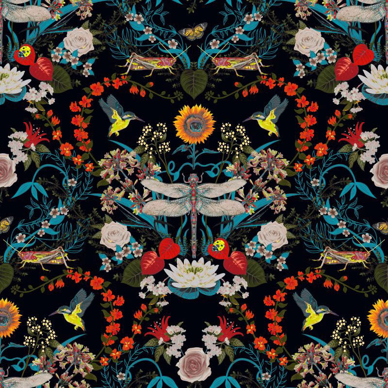 Inky black fabric with turquoise foliage, vivid flowers, birds and dragonflies