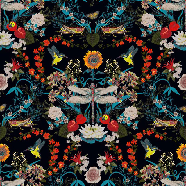Inky black fabric with turquoise foliage, vivid flowers, birds and dragonflies