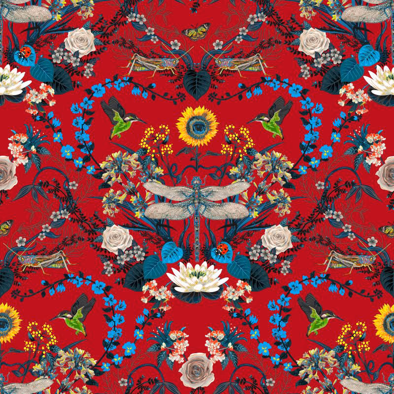 Scarlet fabric with mirrored dragonflies, birds, roses and vivid blue flowers