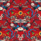 Scarlet fabric with mirrored dragonflies, birds, roses and vivid blue flowers
