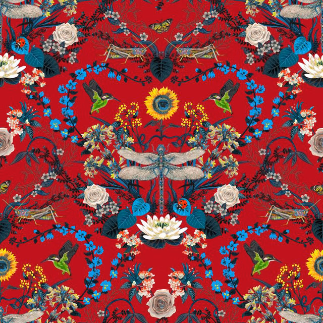 Scarlet fabric with mirrored dragonflies, birds, roses and vivid blue flowers