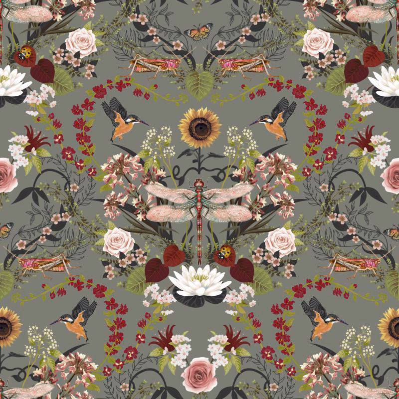 Dusty sage-grey fabric with birds, dragonflies, roses and layered botanical motifs