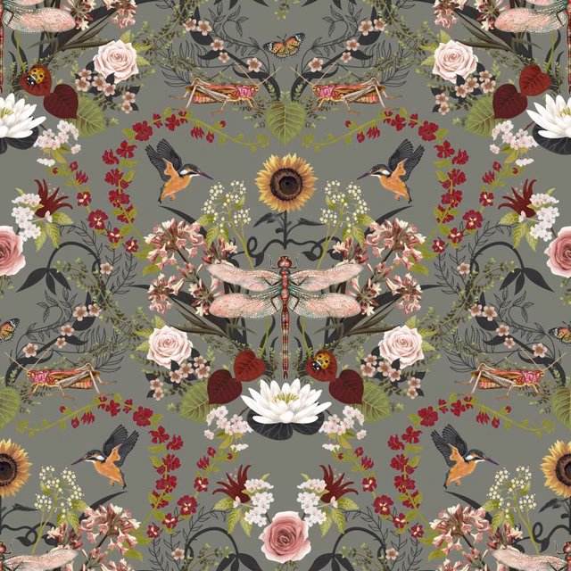 Dusty sage-grey fabric with birds, dragonflies, roses and layered botanical motifs