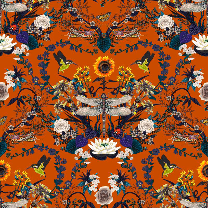 Burnt orange fabric with dragonflies, roses, birds, foliage and jewel-toned blooms