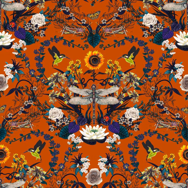 Burnt orange fabric with dragonflies, roses, birds, foliage and jewel-toned blooms