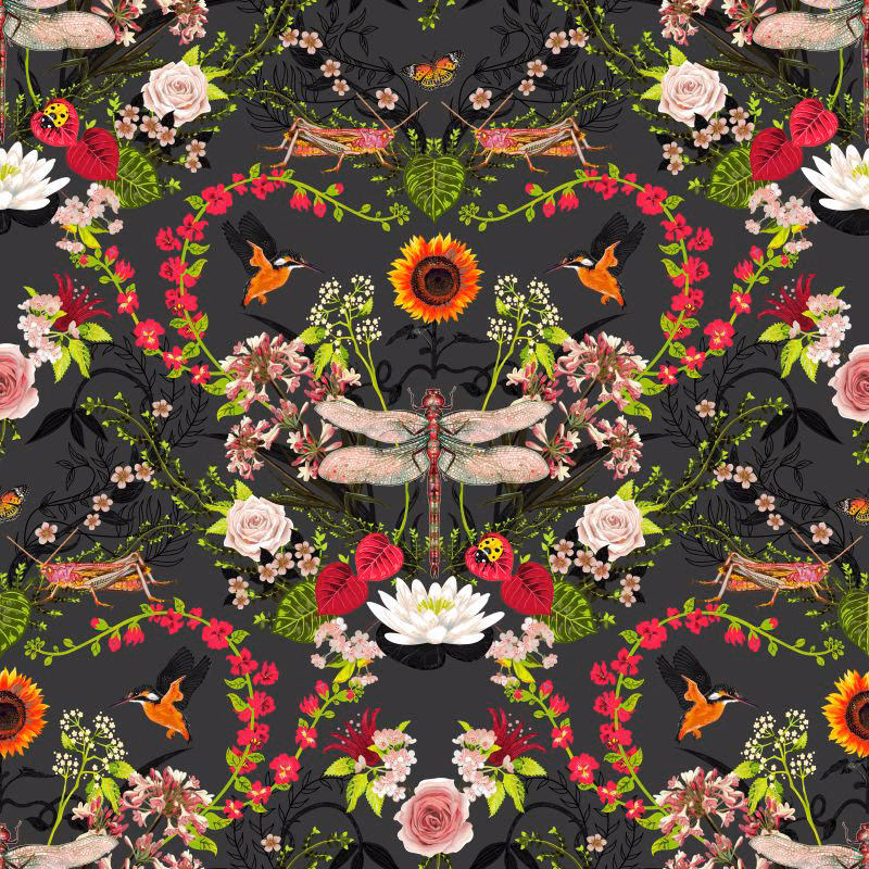 Charcoal grey fabric with mirrored dragonflies, roses, birds and vivid botanical sprays