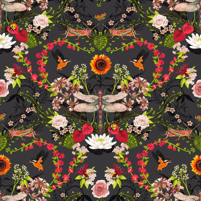 Charcoal grey fabric with mirrored dragonflies, roses, birds and vivid botanical sprays