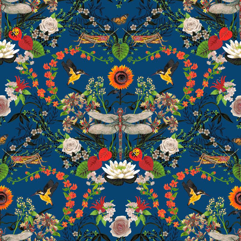 Deep peacock-blue botanical fabric with dragonflies, birds, roses and scarlet berries