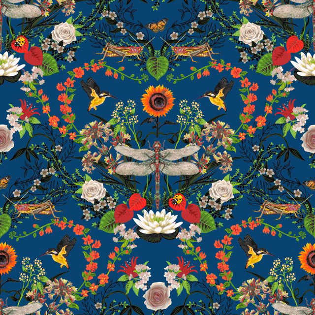Deep peacock-blue botanical fabric with dragonflies, birds, roses and scarlet berries