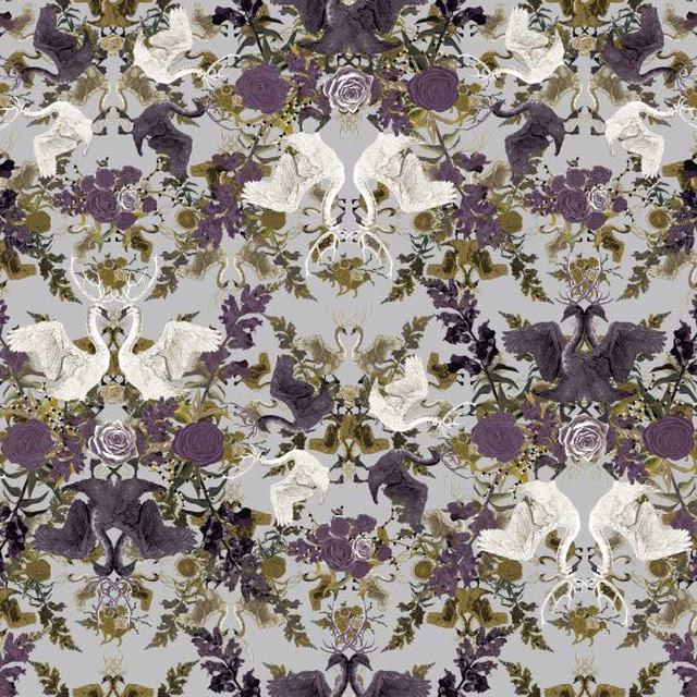 Cool grey fabric with plum and ivory swans, roses and olive foliage
