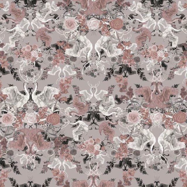 Dusty mauve and grey swans, roses and foliage on a pale ground
