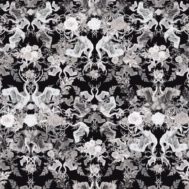 Black ground with pale roses, deer, birds and antlers in dense repeat