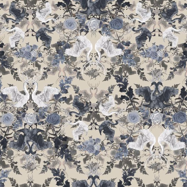 Cream fabric with blue-grey roses, white swans and charcoal botanical birds