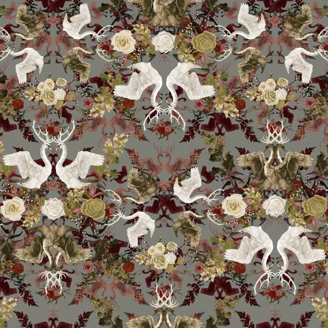 White swans and roses on a muted grey-green ground with burgundy foliage