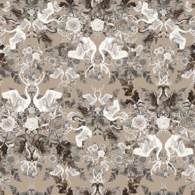 Taupe taffeta with white swans, antlers, roses and grey-brown foliage