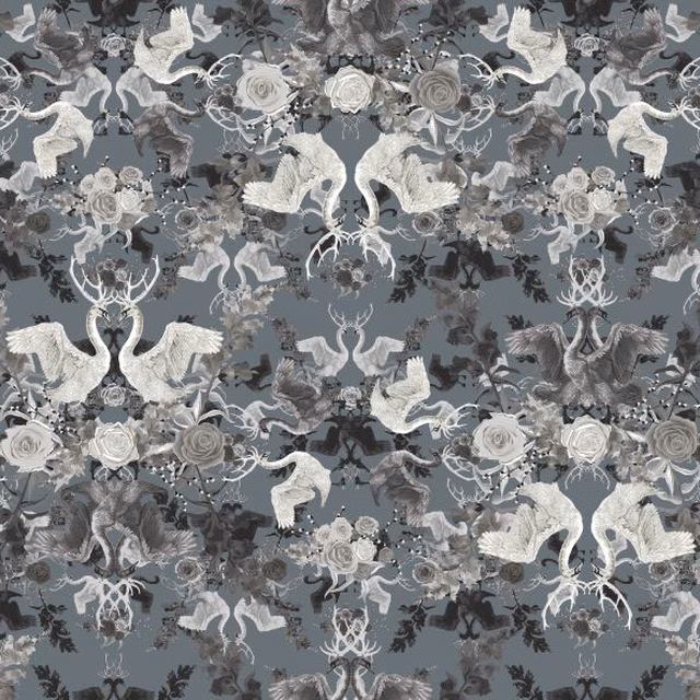 Blue-grey fabric with ivory swans, roses, antlers and charcoal curling foliage