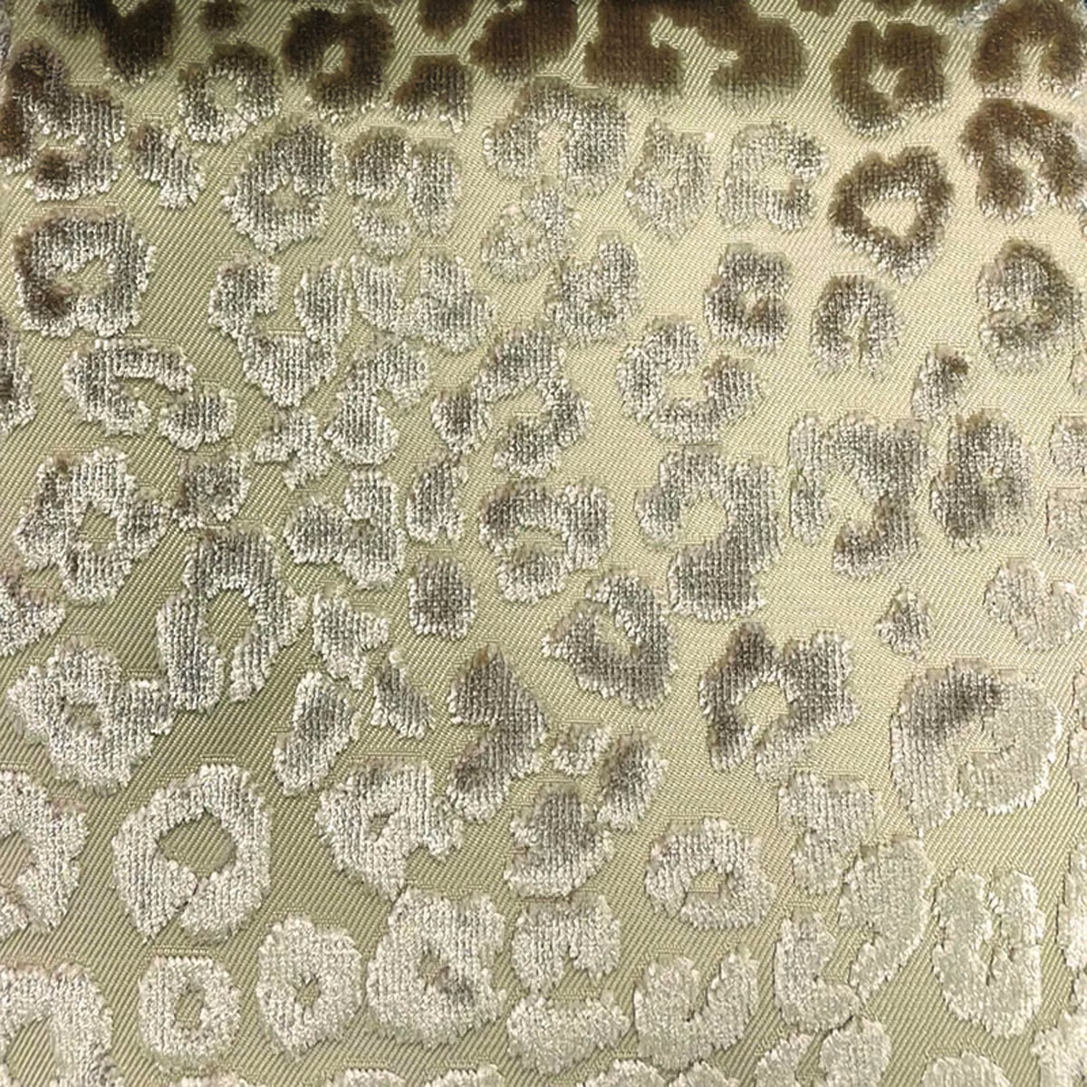 Muted olive woven fabric with pale grey cheetah rosettes and taupe shading